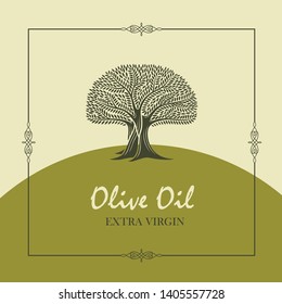 label for extra virgin olive oil with decorative olive tree