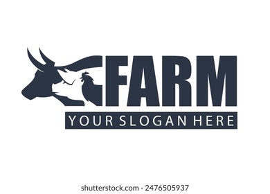 label of farm animals cow, chicken and pig isolated on white background