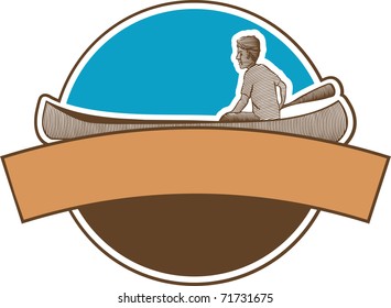 Label featuring a woodcut style illustration of a man in a canoe.