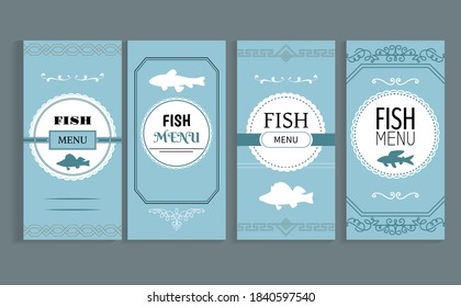 Label with fish shape and the word Fish menu written inside white circle vector illustration. Sticker with seafood texture background in blue color. Tag set with image of fish and various patterns