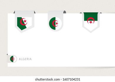 Label flag collection of Algeria in different shape. Ribbon flag template of Algeria hanging from paper or different surface.