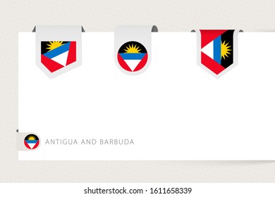 Label flag collection of Antigua and Barbuda in different shape. Ribbon flag template of Antigua and Barbuda hanging from paper or different surface.