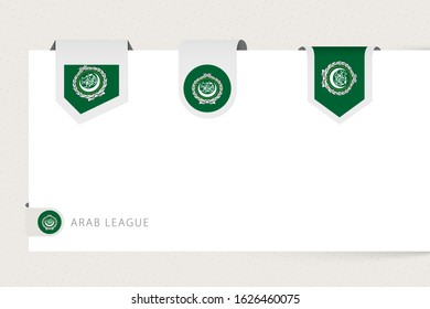 Label flag collection of Arab League in different shape. Ribbon flag template of Arab League hanging from paper or different surface.