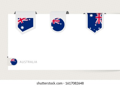 Label flag collection of Australia in different shape. Ribbon flag template of Australia hanging from paper or different surface.