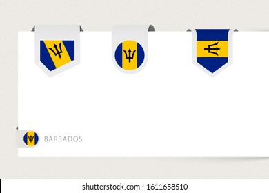 Label flag collection of Barbados in different shape. Ribbon flag template of Barbados hanging from paper or different surface.