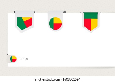 Label flag collection of Benin in different shape. Ribbon flag template of Benin hanging from paper or different surface.