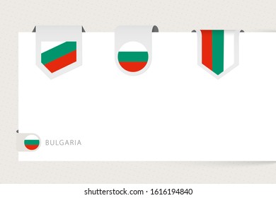 Label flag collection of Bulgaria in different shape. Ribbon flag template of Bulgaria hanging from paper or different surface.
