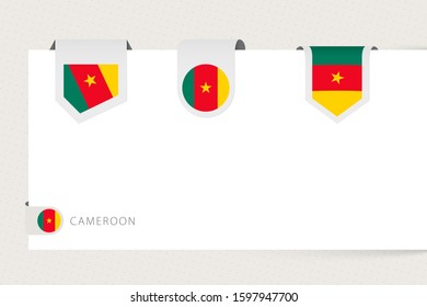 Label flag collection of Cameroon in different shape. Ribbon flag template of Cameroon hanging from paper or different surface.