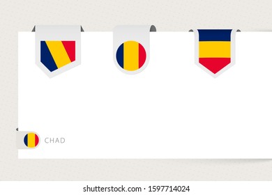Label flag collection of Chad in different shape. Ribbon flag template of Chad hanging from paper or different surface.