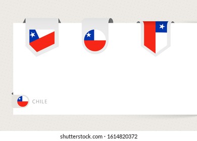 Label flag collection of Chile in different shape. Ribbon flag template of Chile hanging from paper or different surface.