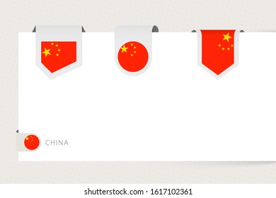 Label flag collection of China in different shape. Ribbon flag template of China hanging from paper or different surface.