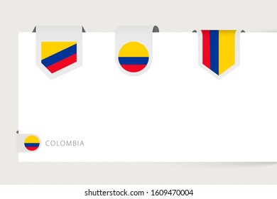 Label flag collection of Colombia in different shape. Ribbon flag template of Colombia hanging from paper or different surface.