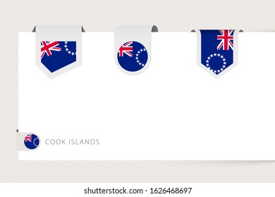Label flag collection of Cook Islands in different shape. Ribbon flag template of Cook Islands hanging from paper or different surface.