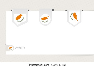 Label flag collection of Cyprus in different shape. Ribbon flag template of Cyprus hanging from paper or different surface.