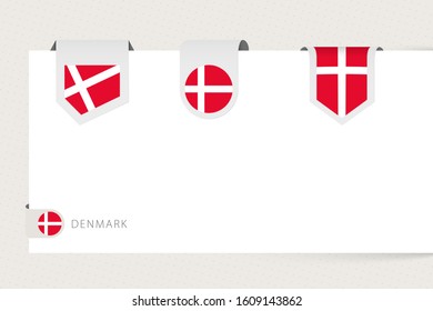 Label flag collection of Denmark in different shape. Ribbon flag template of Denmark hanging from paper or different surface.