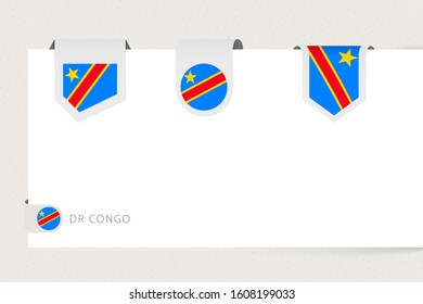 Label flag collection of DR Congo in different shape. Ribbon flag template of DRC hanging from paper or different surface.