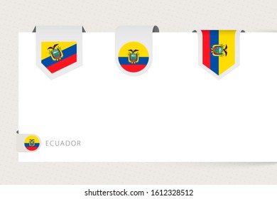 Label flag collection of Ecuador in different shape. Ribbon flag template of Ecuador hanging from paper or different surface.