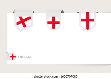 Label flag collection of England in different shape. Ribbon flag template of England hanging from paper or different surface.