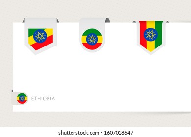 Label flag collection of Ethiopia in different shape. Ribbon flag template of Ethiopia hanging from paper or different surface.