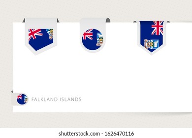 Label flag collection of Falkland Islands in different shape. Ribbon flag template of Falkland Island shanging from paper or different surface.