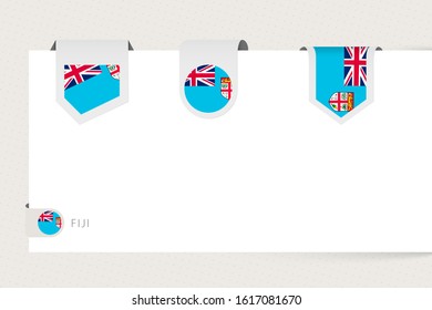 Label flag collection of Fiji in different shape. Ribbon flag template of Fiji hanging from paper or different surface.