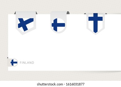 Label flag collection of Finland in different shape. Ribbon flag template of Finland hanging from paper or different surface.