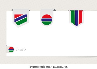 Label flag collection of Gambia in different shape. Ribbon flag template of Gambia hanging from paper or different surface.