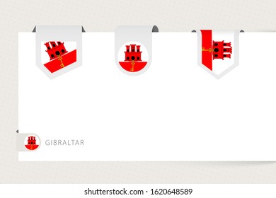 Label flag collection of Gibraltar in different shape. Ribbon flag template of Gibraltar hanging from paper or different surface.