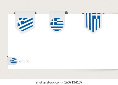 Label flag collection of Greece in different shape. Ribbon flag template of Greece hanging from paper or different surface.