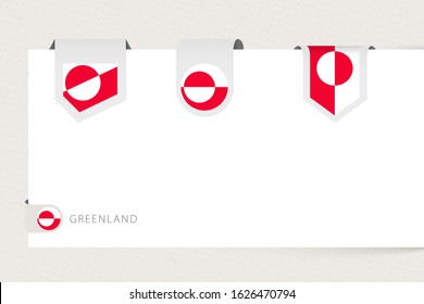 Label flag collection of Greenland in different shape. Ribbon flag template of Greenland hanging from paper or different surface.