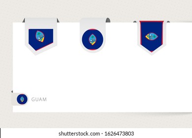Label flag collection of Guam in different shape. Ribbon flag template of Guam hanging from paper or different surface.