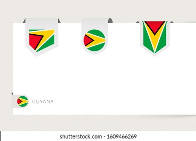 Label flag collection of Guyana in different shape. Ribbon flag template of Guyana hanging from paper or different surface.