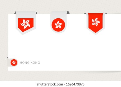Label flag collection of Hong Kong in different shape. Ribbon flag template of Hong Kong hanging from paper or different surface.
