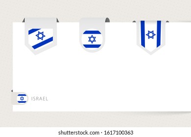 Label flag collection of Israel in different shape. Ribbon flag template of Israel hanging from paper or different surface.