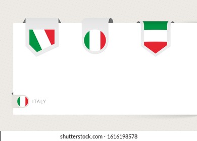 Label flag collection of Italy in different shape. Ribbon flag template of Italy hanging from paper or different surface.