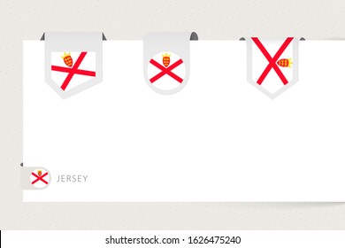 Label flag collection of Jersey in different shape. Ribbon flag template of Jersey hanging from paper or different surface.