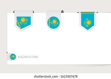 Label flag collection of Kazakhstan in different shape. Ribbon flag template of Kazakhstan hanging from paper or different surface.