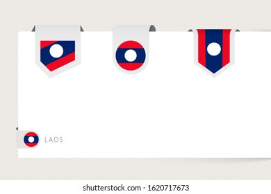 Label flag collection of Laos in different shape. Ribbon flag template of Laos hanging from paper or different surface.
