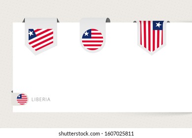 Label flag collection of Liberia in different shape. Ribbon flag template of Liberia hanging from paper or different surface.