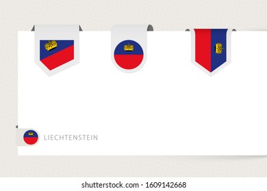 Label flag collection of Liechtenstein in different shape. Ribbon flag template of Liechtenstein hanging from paper or different surface.