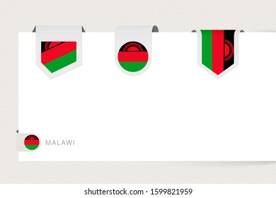 Label flag collection of Malawi in different shape. Ribbon flag template of Malawi hanging from paper or different surface.