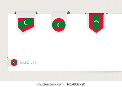 Label flag collection of Maldives in different shape. Ribbon flag template of Maldives hanging from paper or different surface.