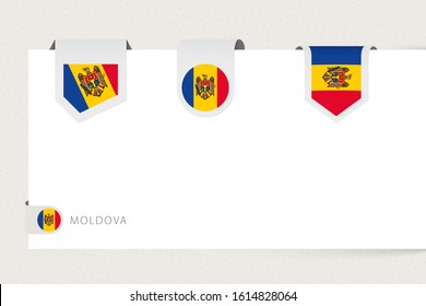 Label flag collection of Moldova in different shape. Ribbon flag template of Moldova hanging from paper or different surface.