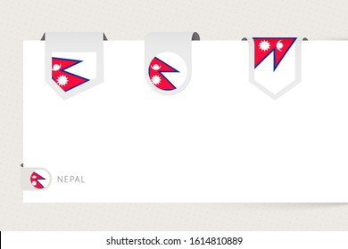 Label flag collection of Nepal in different shape. Ribbon flag template of Nepal hanging from paper or different surface.