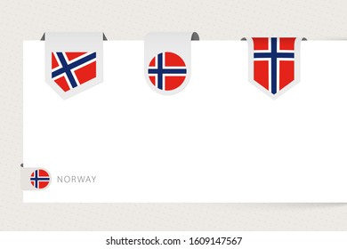 Label flag collection of Norway in different shape. Ribbon flag template of Norway hanging from paper or different surface.