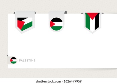 Label flag collection of Palestine in different shape. Ribbon flag template of Palestine hanging from paper or different surface.