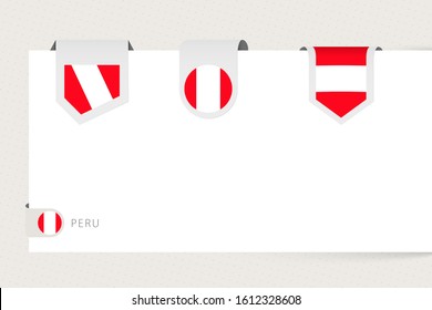 Label flag collection of Peru in different shape. Ribbon flag template of Peru hanging from paper or different surface.