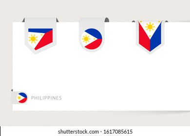 Label flag collection of Philippines in different shape. Ribbon flag template of Philippines hanging from paper or different surface.