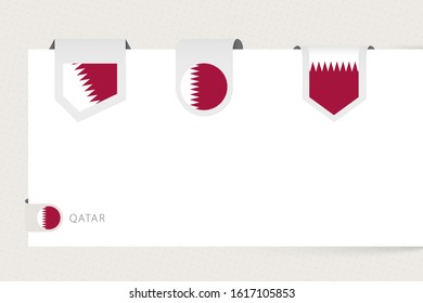 Label flag collection of Qatar in different shape. Ribbon flag template of Qatar hanging from paper or different surface.
