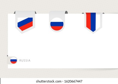 Label flag collection of Russia in different shape. Ribbon flag template of Russia hanging from paper or different surface.